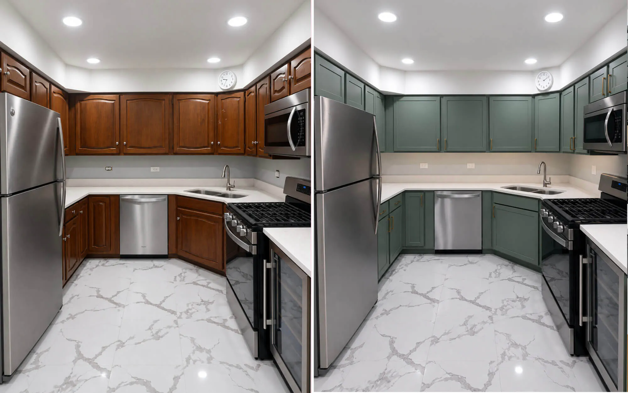 Two side-by-side kitchen views showing a U-shaped layout with stainless steel appliances and white marble-patterned floors; the left has wooden cabinets, the right has green-painted cabinets.