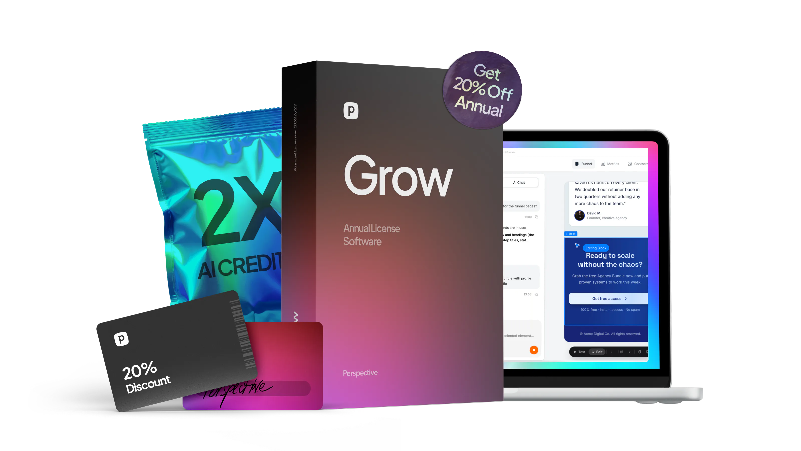 Software box labeled "Grow Annual License Software" with a laptop screen showing app interface, a packet labeled "2X AI Credits," and two discount cards including one with "20% Discount."
