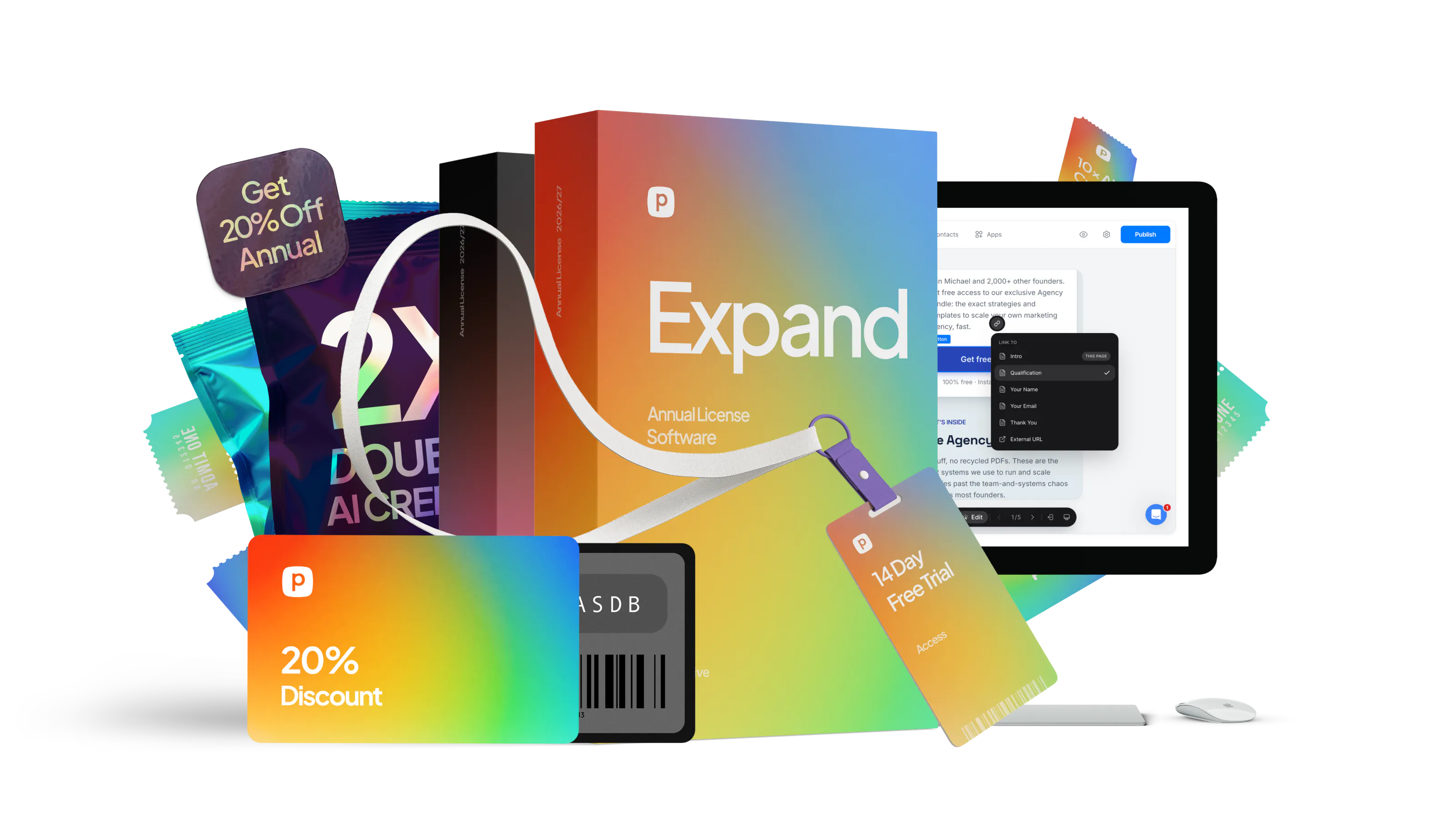 Software box labeled "Expand Annual License Software" with discount cards, tags offering 20% off annual and 14-day free trial, and a computer screen displaying a text editor.