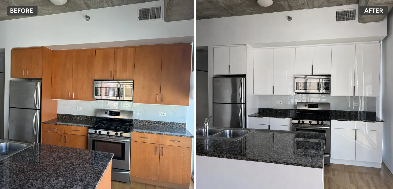Kitchen before and after renovation showing a change from brown wooden cabinets to white high-gloss cabinets while keeping the same stainless steel appliances and granite countertops.