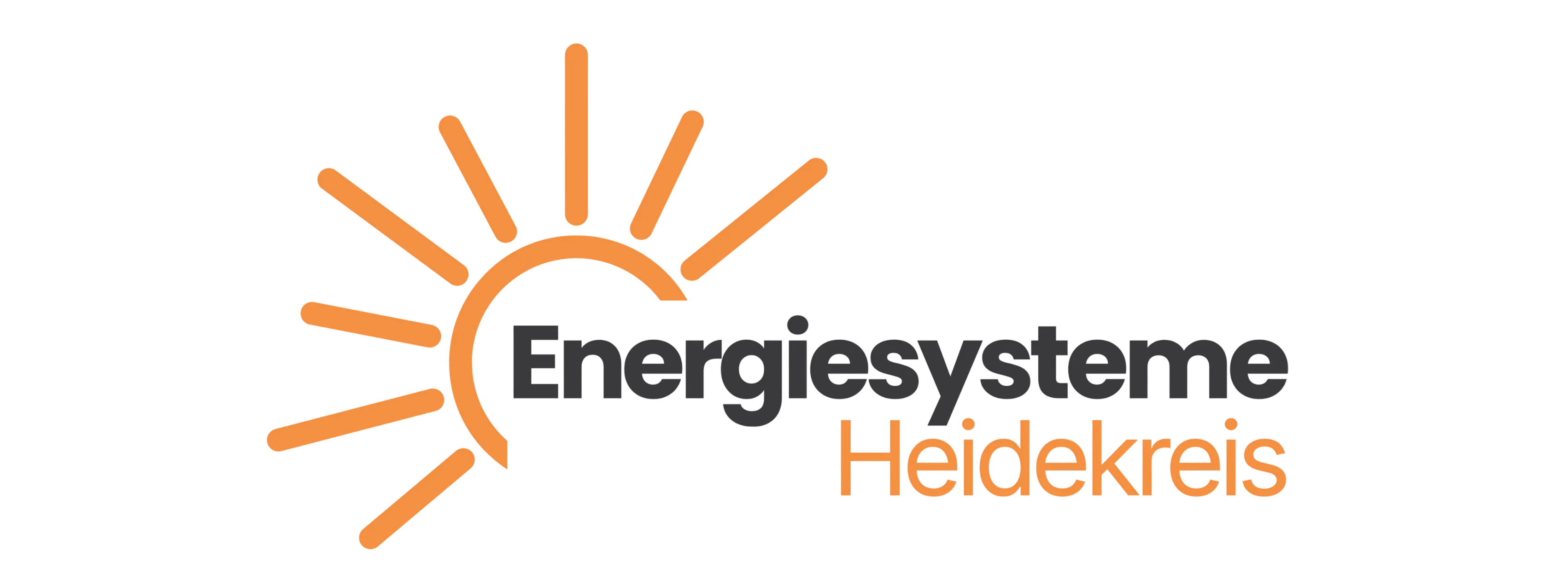 Sonnenillustration mit halbkreisförmigem Schein und Strahlen, daneben Text „Energiesysteme Heidekreis“ in Schwarz und Orange.