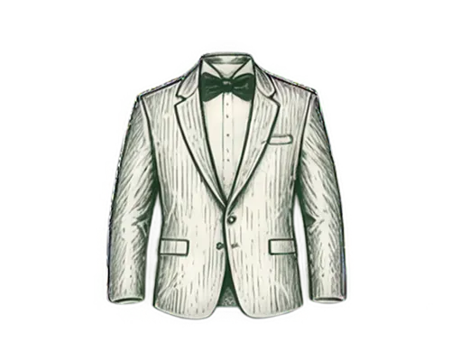 White tuxedo jacket with notch lapels, black bow tie, and white dress shirt with buttons.