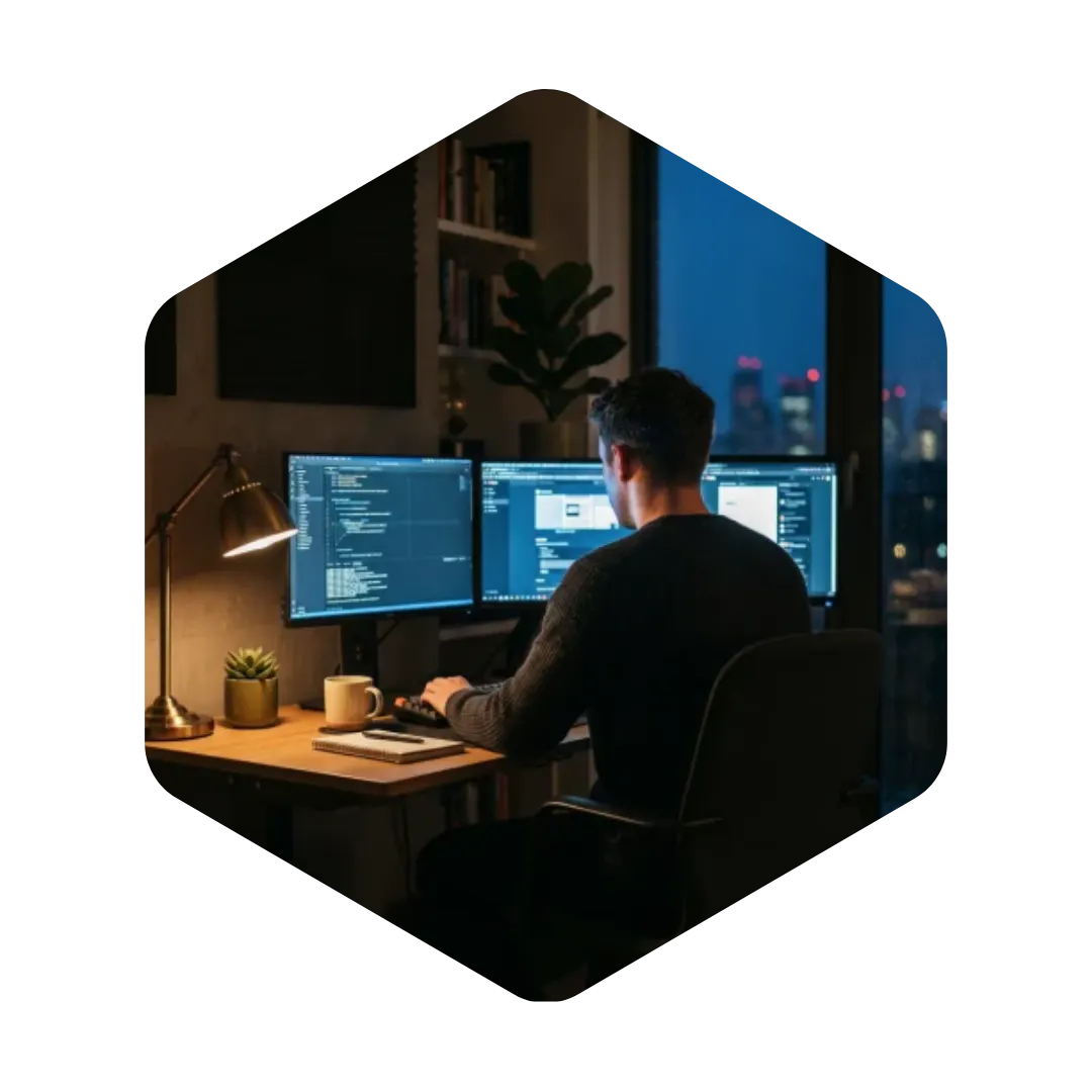 Person sitting at a desk working on a computer with three monitors showing code and digital content, with a cityscape visible through a window at night.