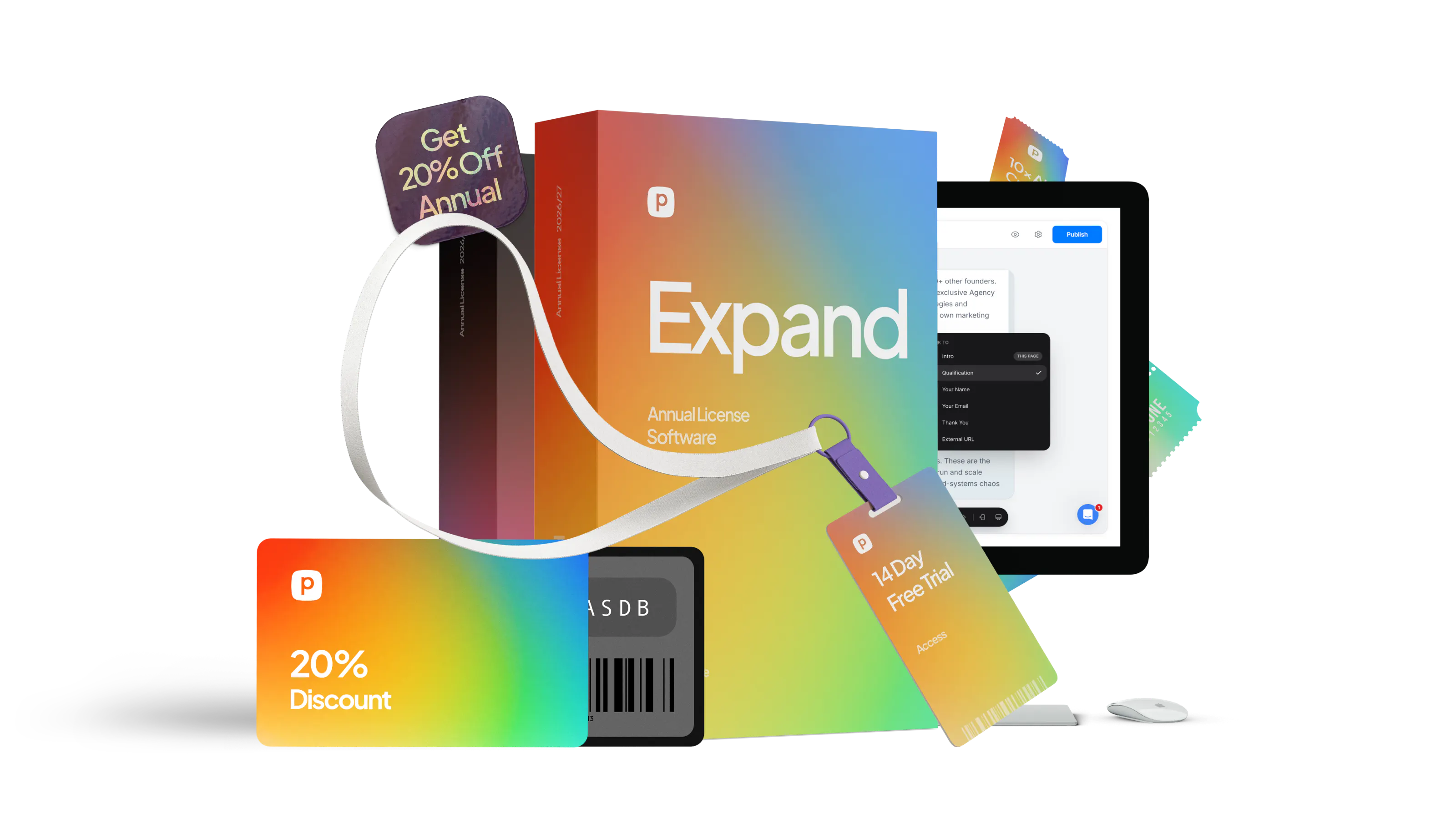 Colorful software package labeled "Expand Annual License Software" with a 14-day free trial badge, a 20% discount card, and a computer screen showing a publishing interface.