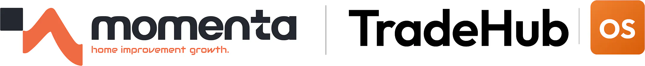 Momenta logo with orange stylized roof and text "home improvement growth" and TradeHub text followed by orange square with "os" inside.