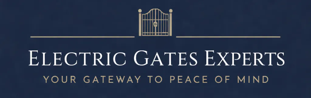 Logo with a stylized locked gate above the text "Electric Gates Experts" and the tagline "Your gateway to peace of mind" on a dark background.