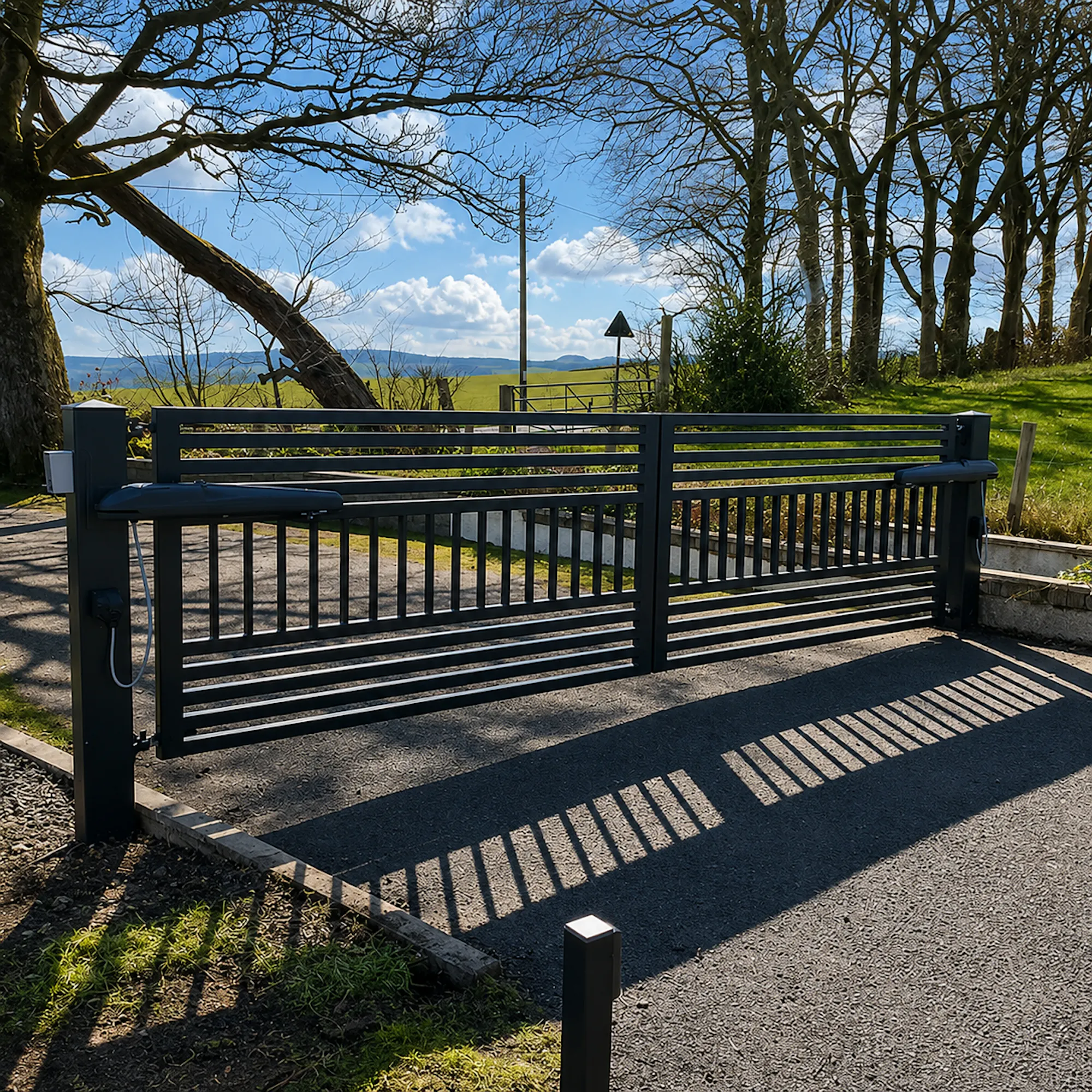 Dark metal automated double swing gate across a rural gravel driveway