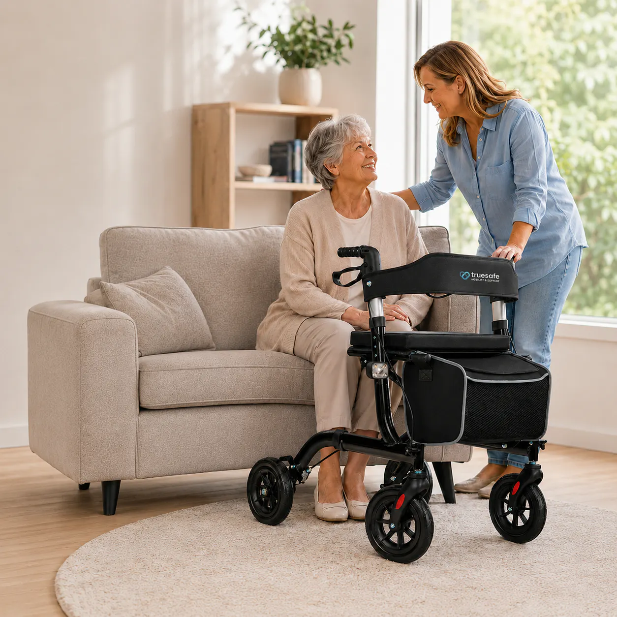 Elderly woman sitting on a couch next to a four-wheeled walker with a younger woman standing beside her, both smiling in a bright living room.