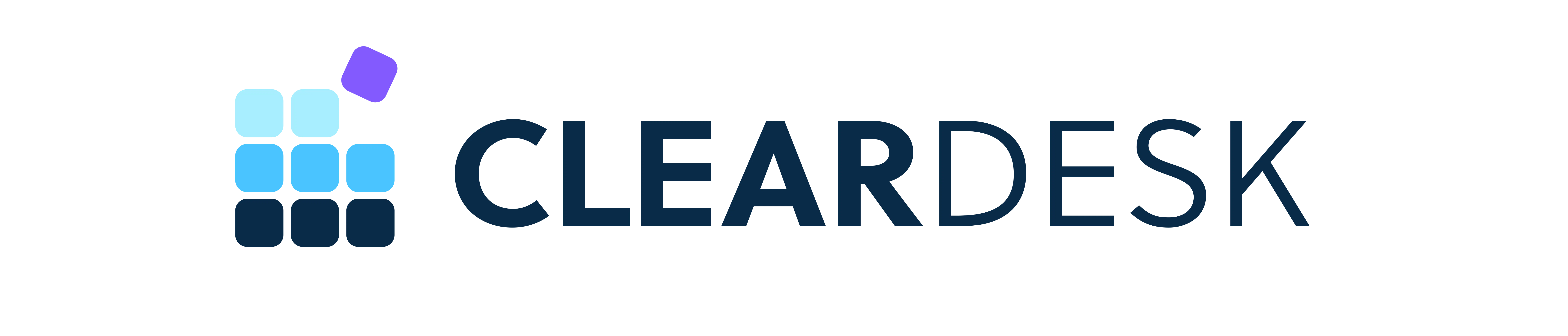 Stacked squares in shades of blue and purple arranged next to the word "CLEARDESK" in dark blue uppercase letters.