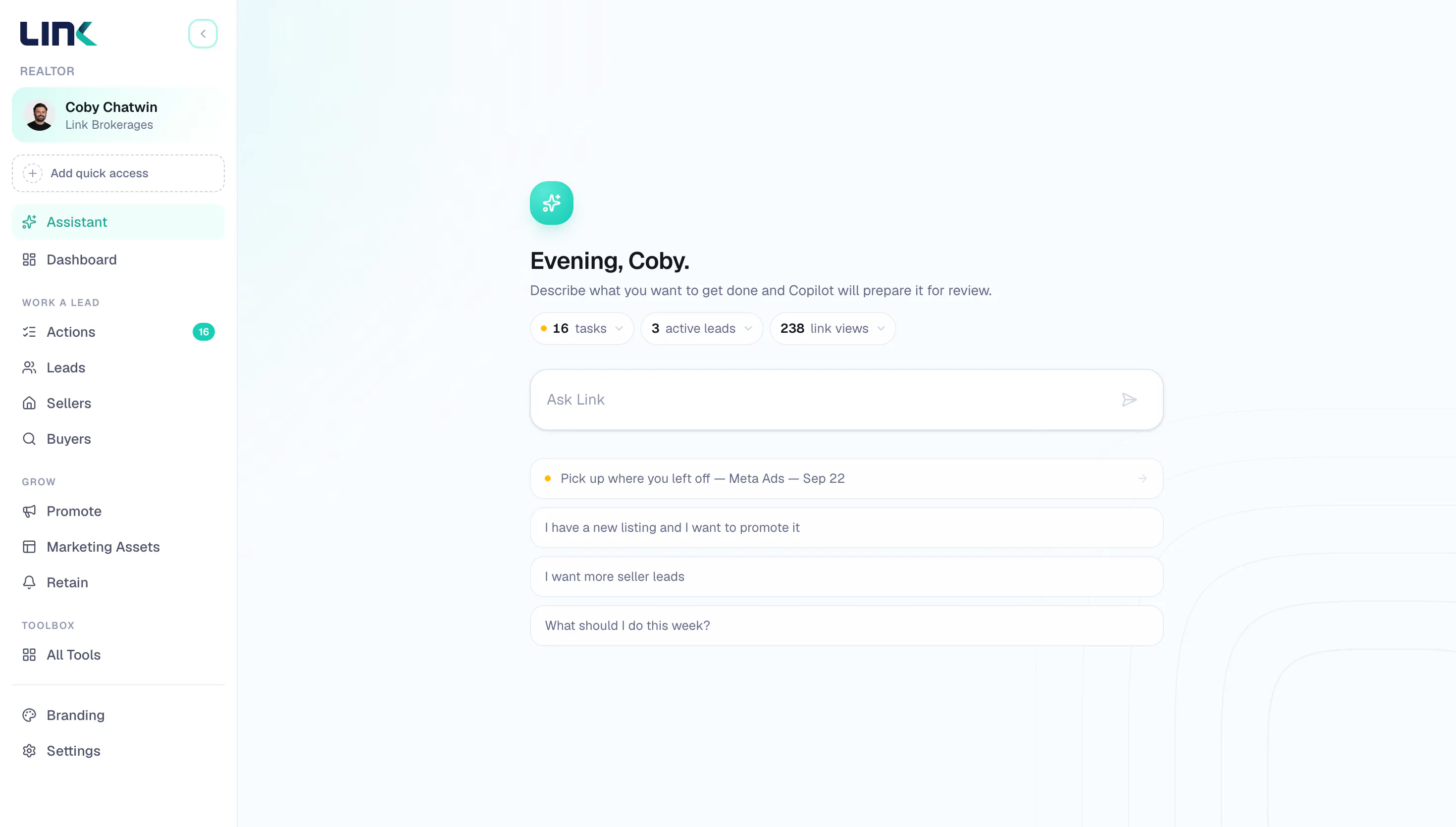Link.ai Copilot assistant dashboard