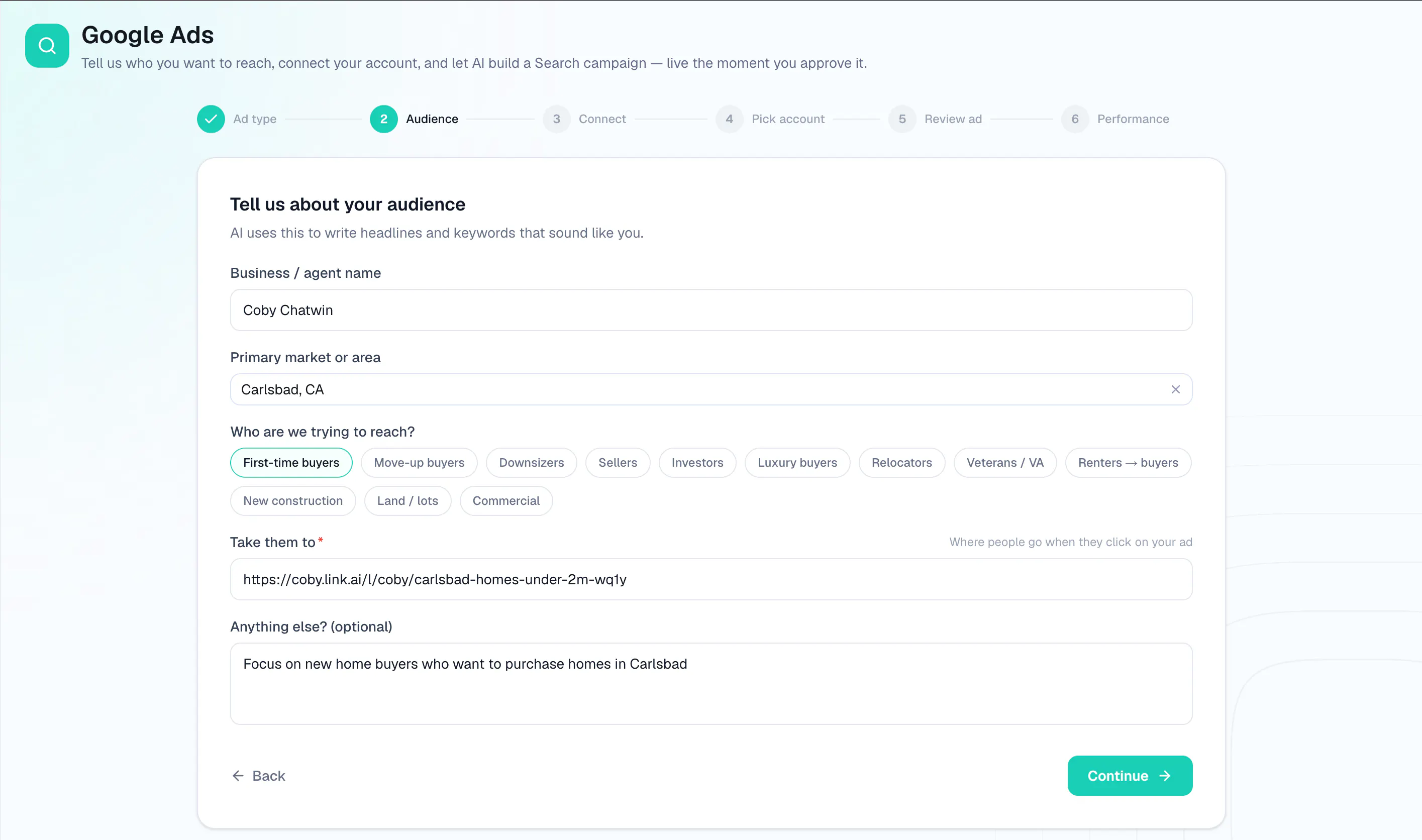 Link.ai Google Ads campaign builder
