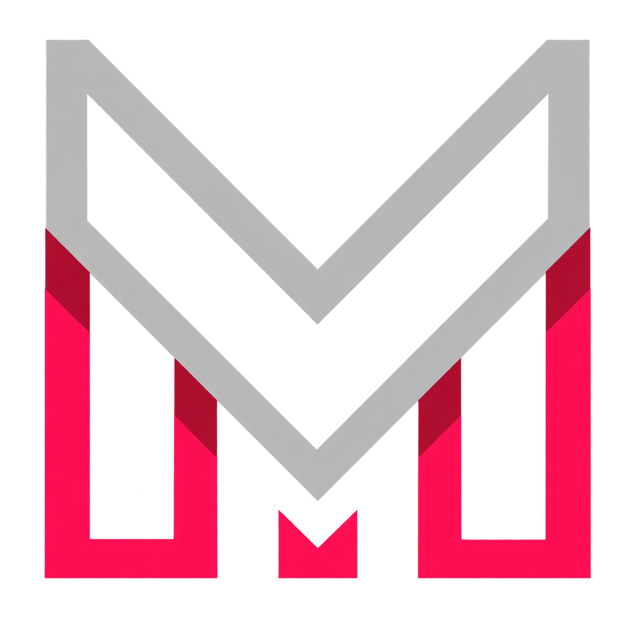 Geometric logo in the shape of an uppercase letter M, with a gray chevron forming the top part and two vertical red bars forming the legs.