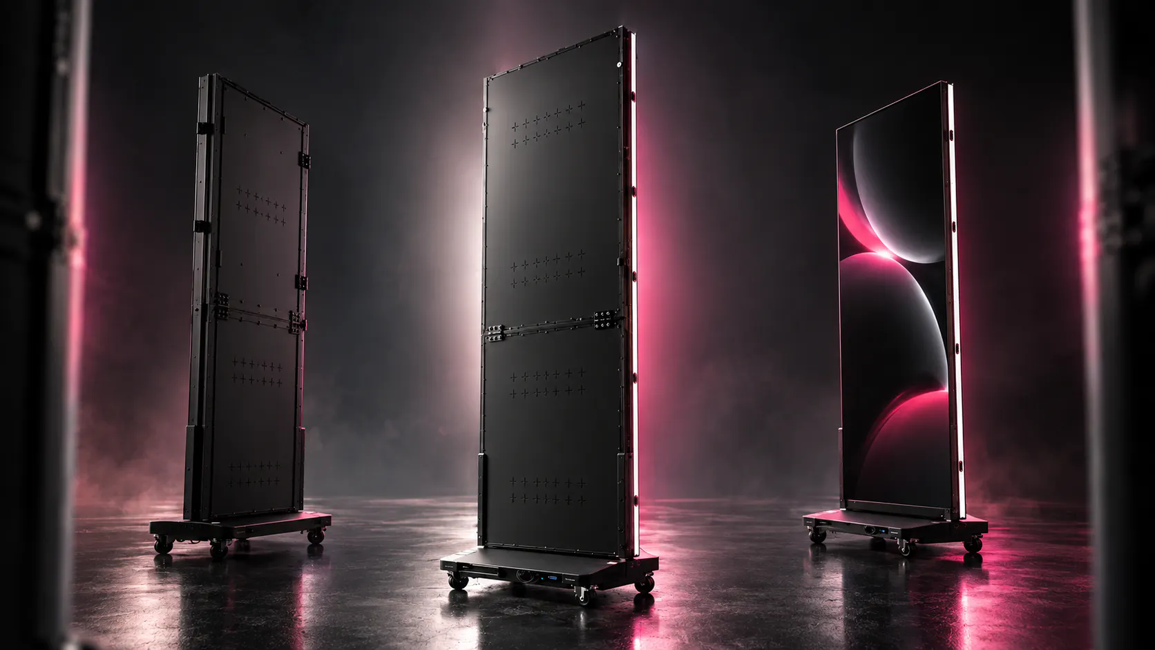 Three tall, slim digital display panels on wheeled bases with pink and black reflective lighting, one panel showing a black and pink abstract pattern.