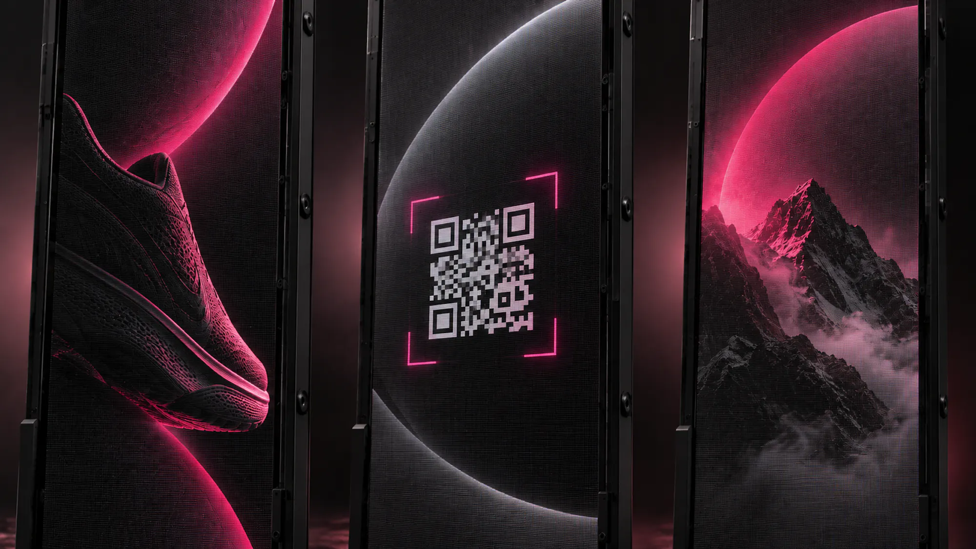 Trois roll-ups numériques affichant une chaussure, un code QR et une montagne