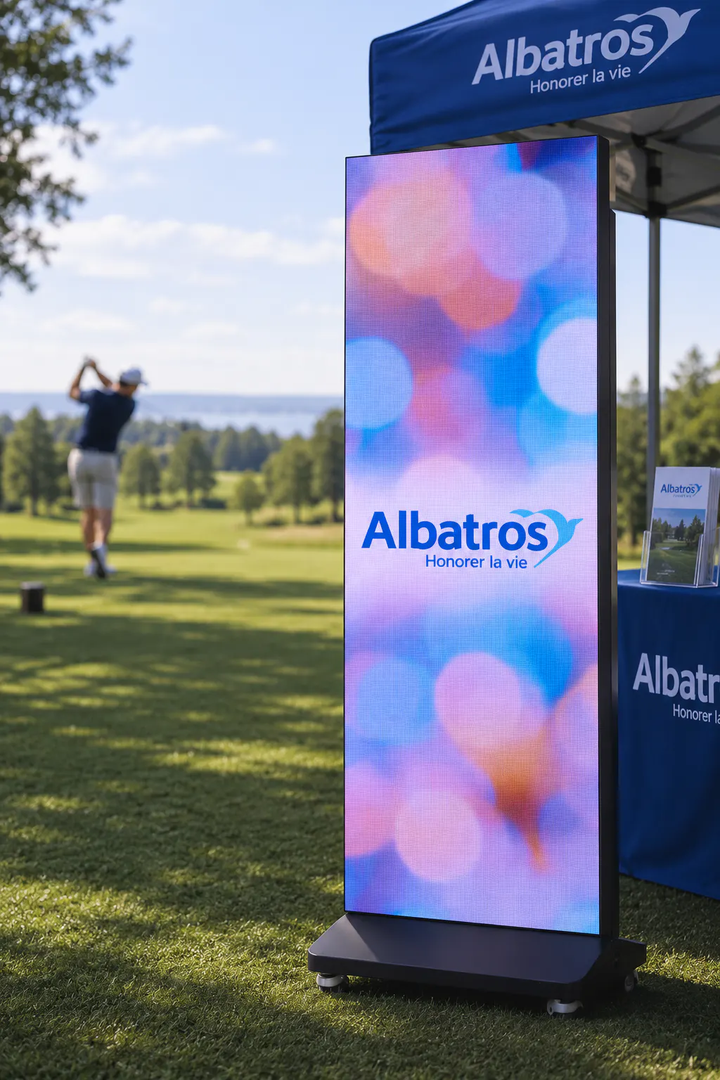 Digital display and tent with "Albatros Honorer la vie" branding on a golf course, with a golfer swinging a club in the background.