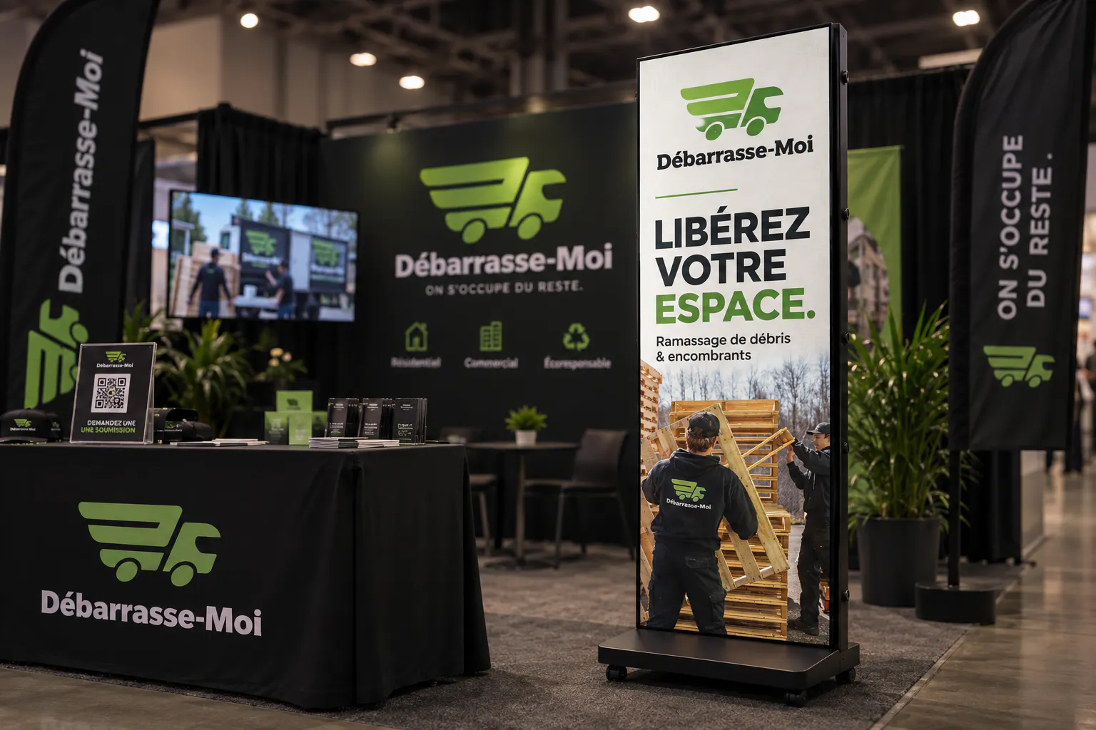 Trade show booth for Débarrasse-Moi, a debris and bulky item removal service, featuring a digital sign with workers handling wooden pallets and promotional materials on a table.