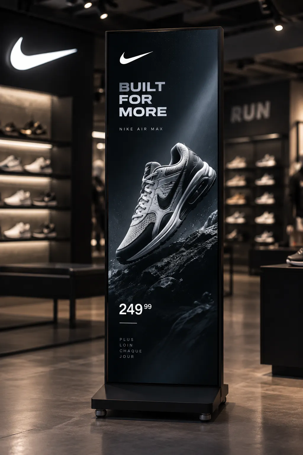Nike Air Max sneaker displayed with the text "Built for More" and a price of 249.99 in a store setting with shelves of shoes in the background.