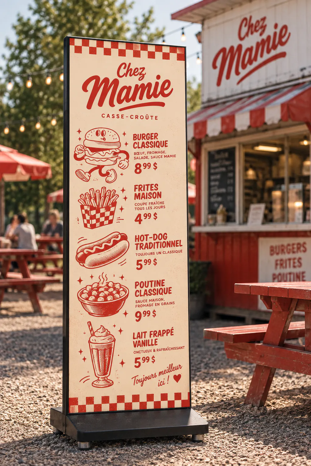 Menu board at Chez Mamie restaurant listing burger, fries, hot dog, poutine, and vanilla milkshake with prices in Canadian dollars.