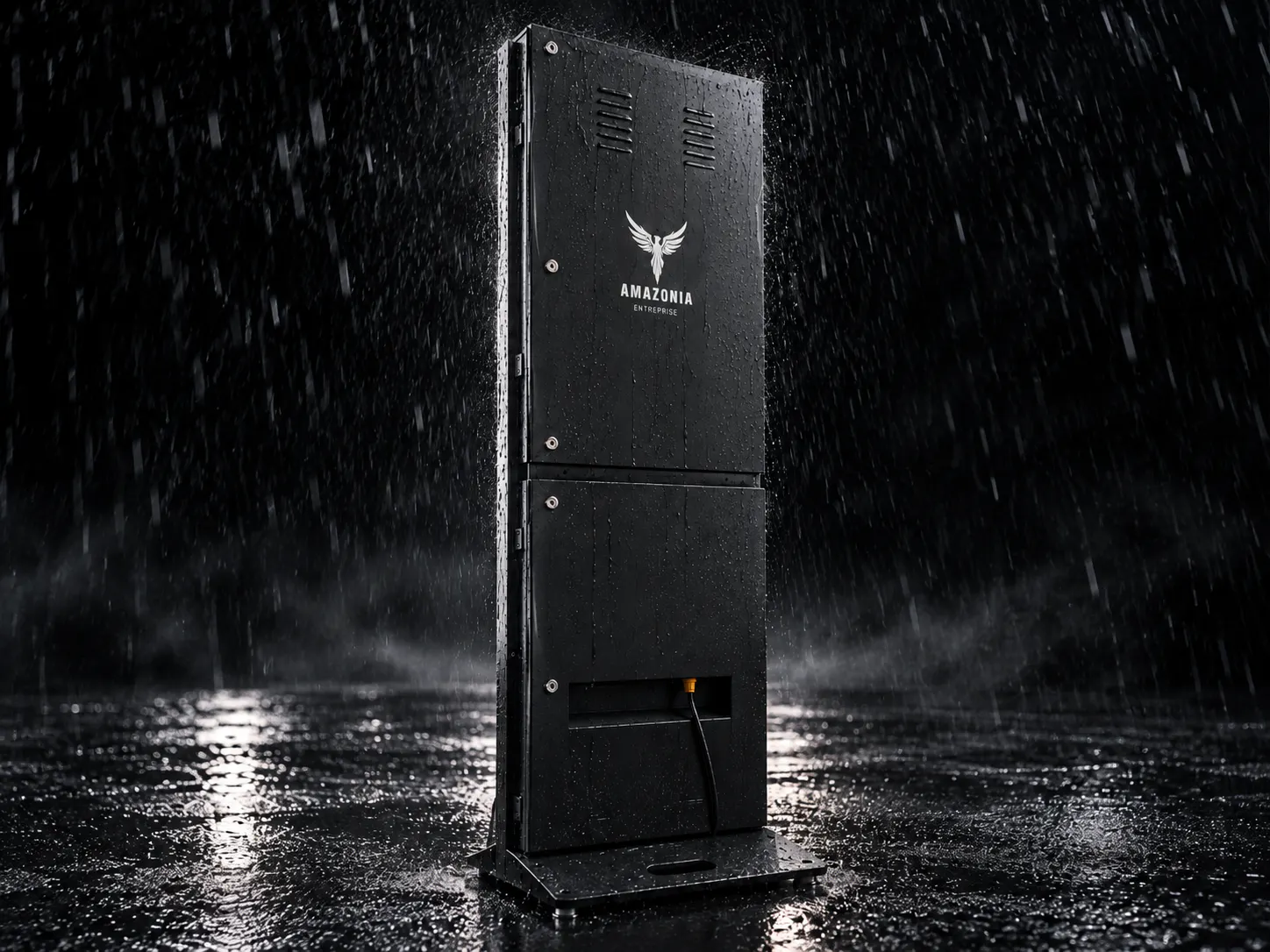 Tall black electronic device labeled "Amazonia Entreprise," standing on a wet surface with water droplets and rain falling against a dark background.