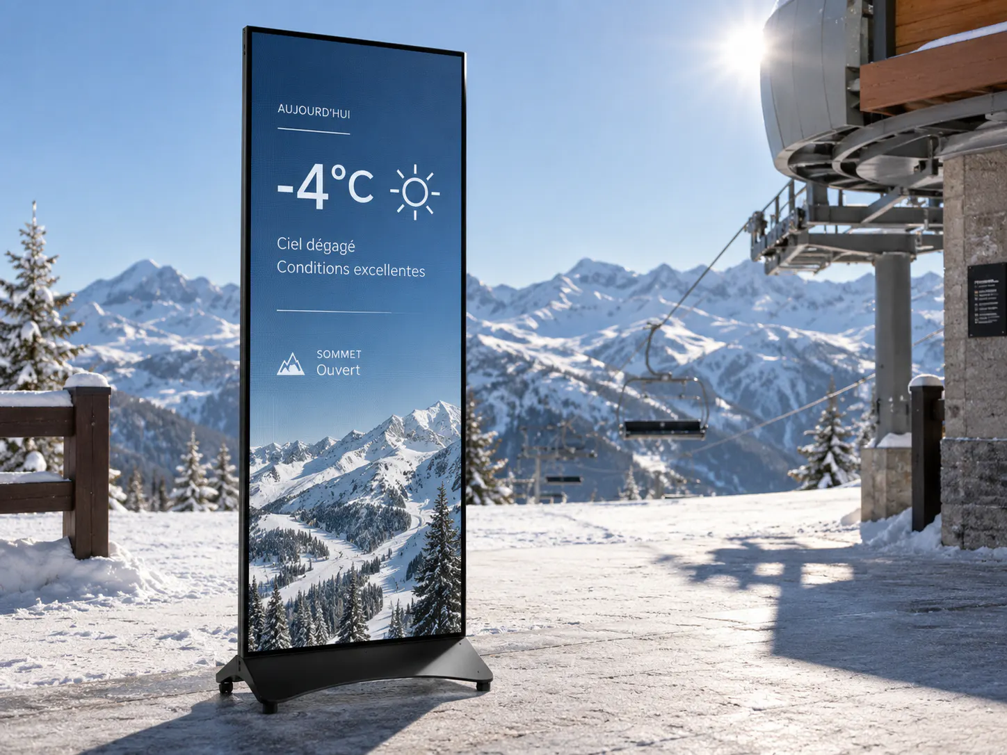Digital sign in snowy mountain resort showing weather at -4°C, clear skies, excellent conditions, and summit open.
