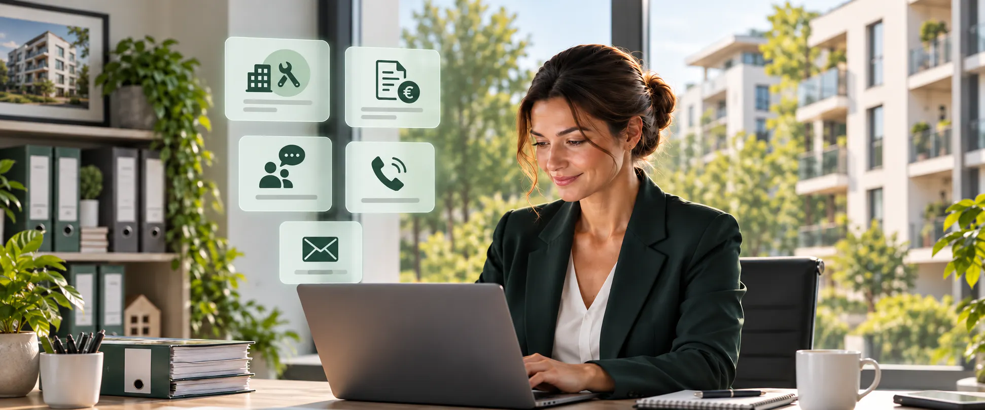 Frau arbeitet am Laptop in Büro mit Ordnern, Pflanzen und großen Fenstern, auf denen Symbole für Immobilien, Wartung, Dokumente, Telefon, Chat und E-Mail eingeblendet sind.