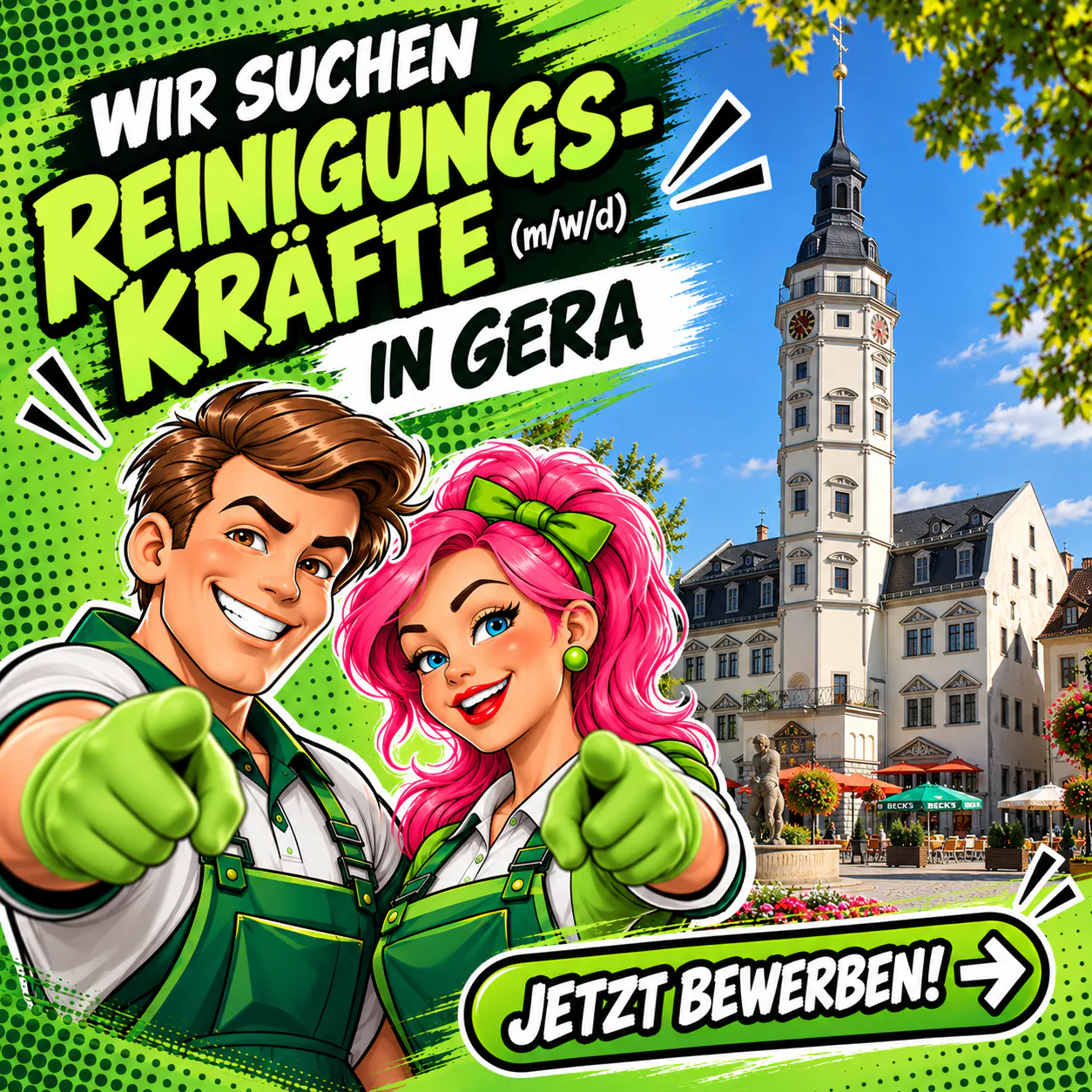 Two cartoon cleaning staff in green uniforms pointing forward with a clock tower and outdoor café in Gera, Germany in the background, with a job recruitment message.