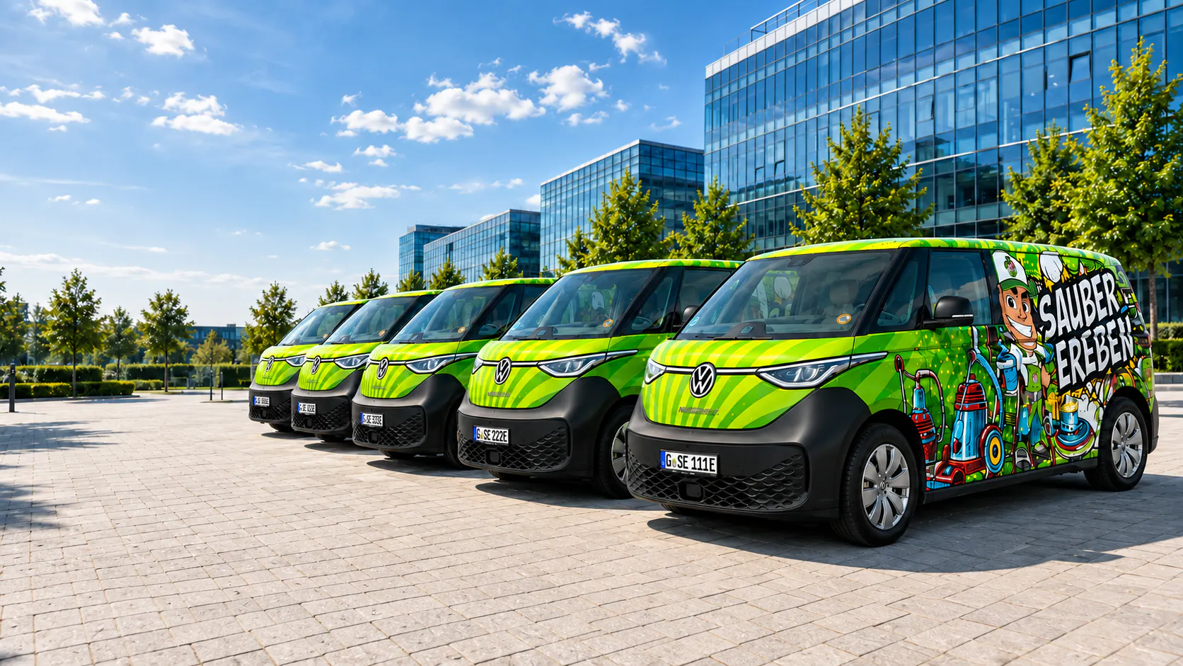 Grüne Transporter von Grüne Engel mit Firmenbeschriftung vor modernen Bürogebäuden