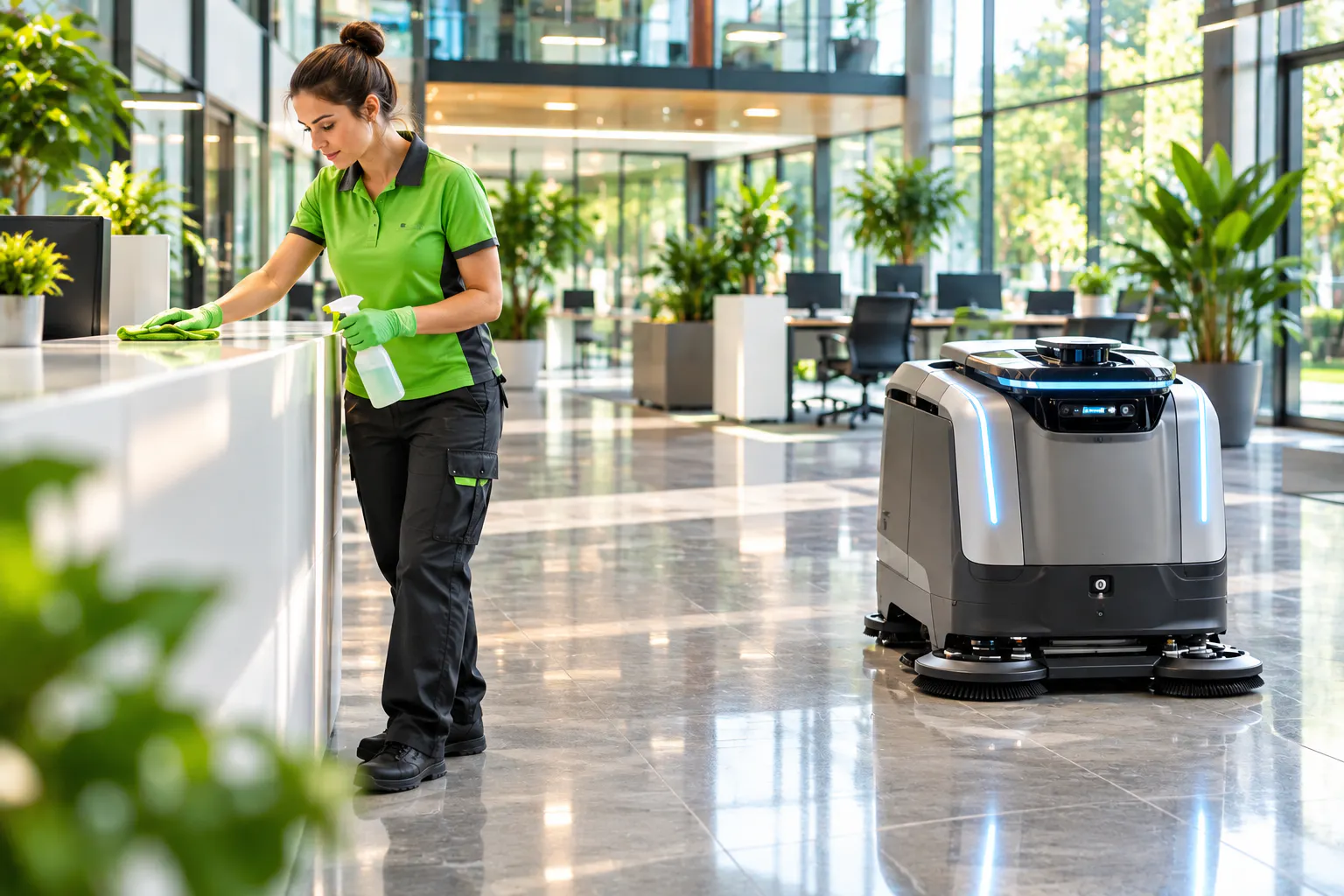 Hybride Reinigung: Reinigungsroboter und Fachkraft von Grüne Engel im Objekt