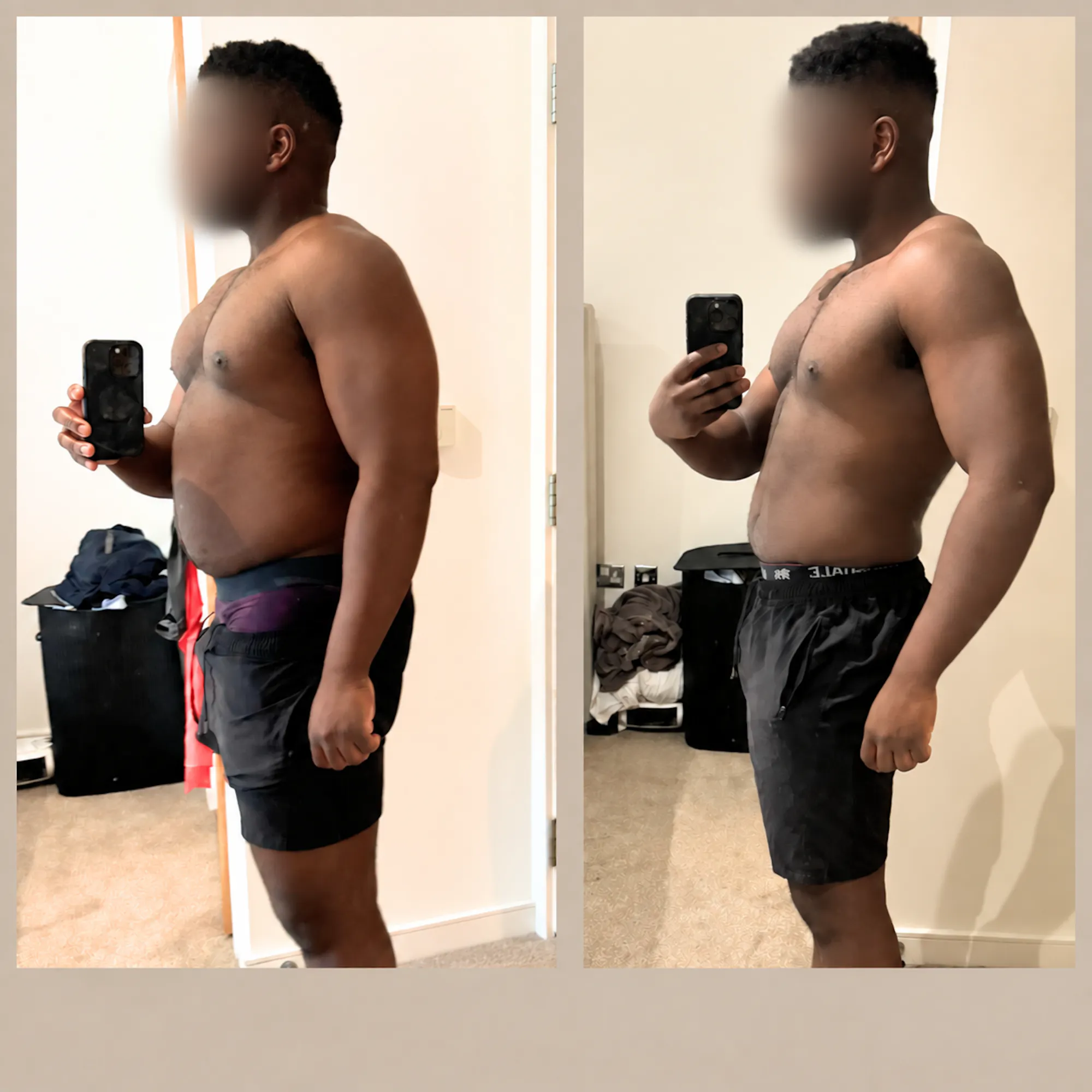 Client before and after, side view showing a leaner midsection and more muscle