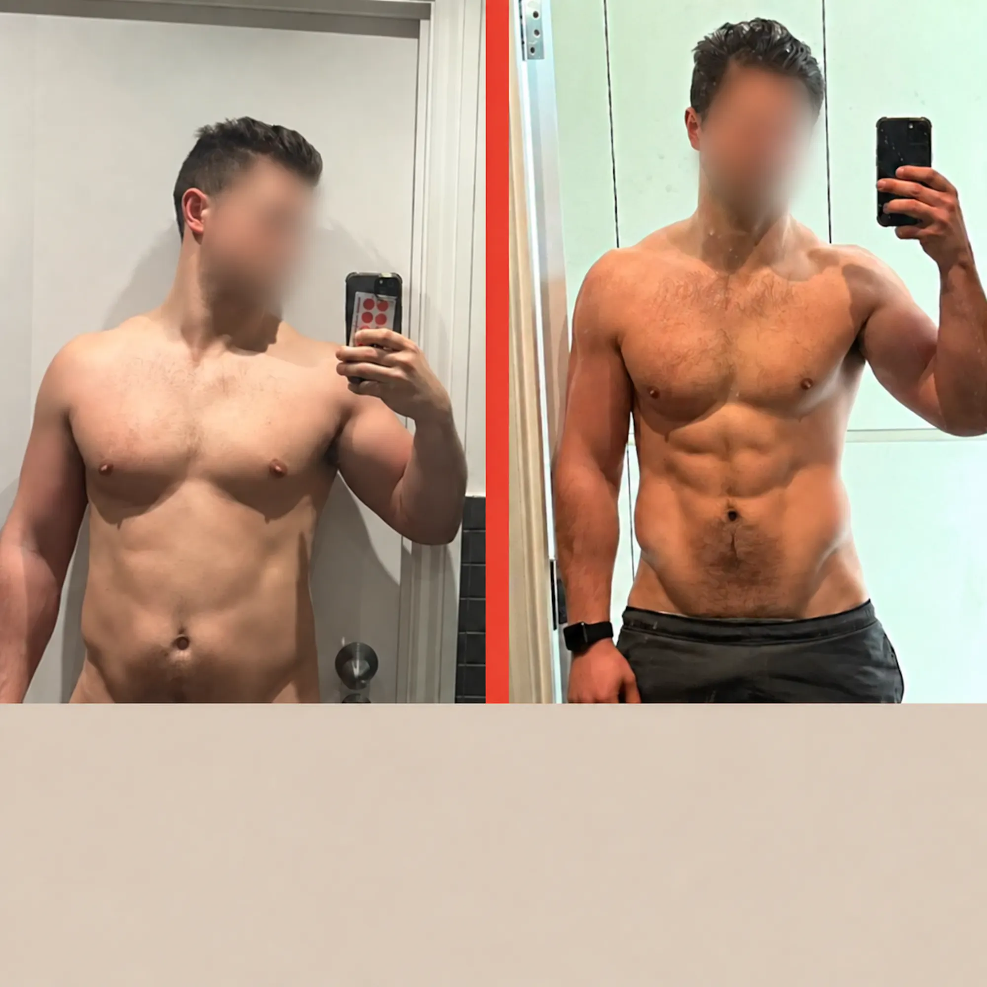 Client before and after mirror selfies showing reduced body fat and visible muscle definition