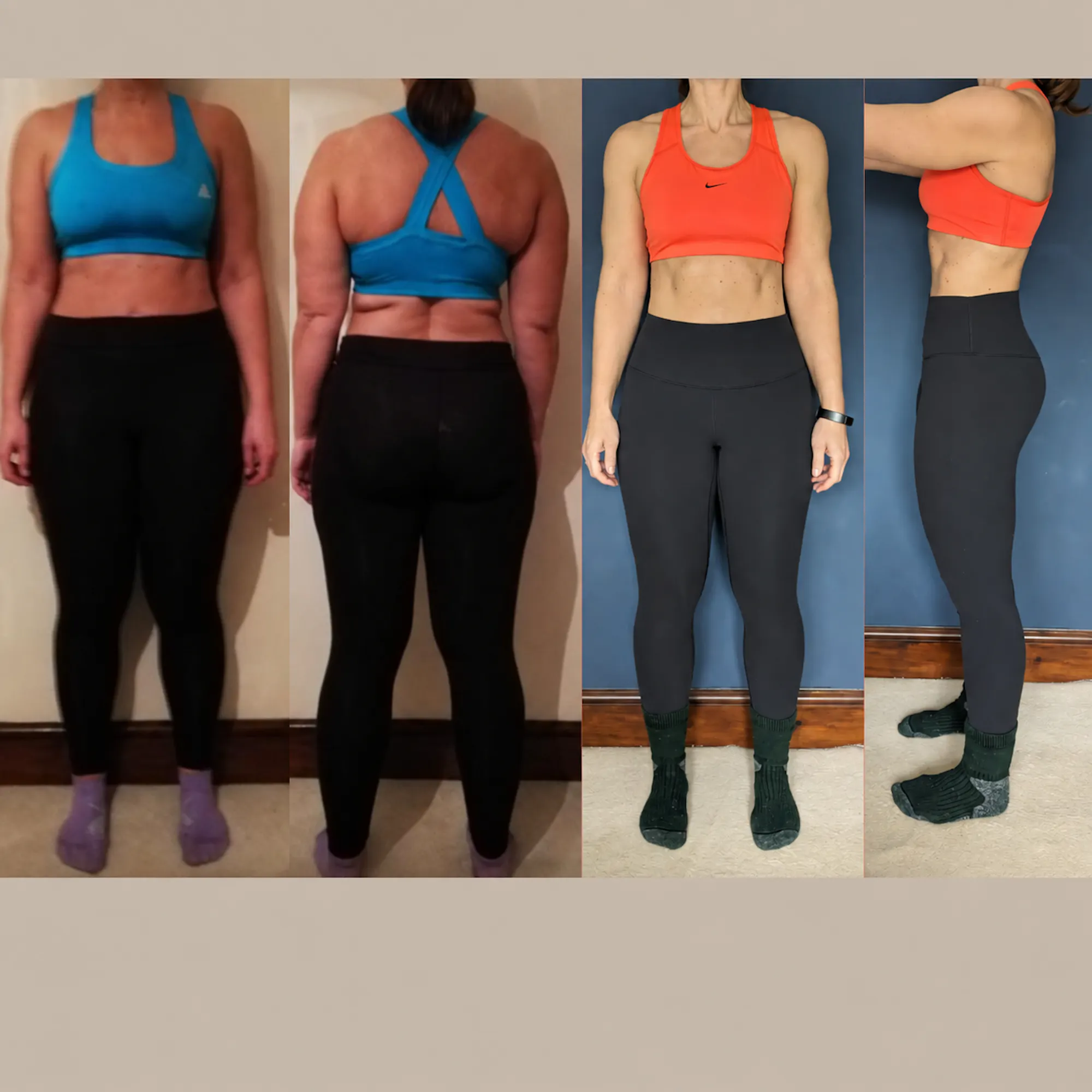Client before and after, front and back views showing a leaner, more defined physique