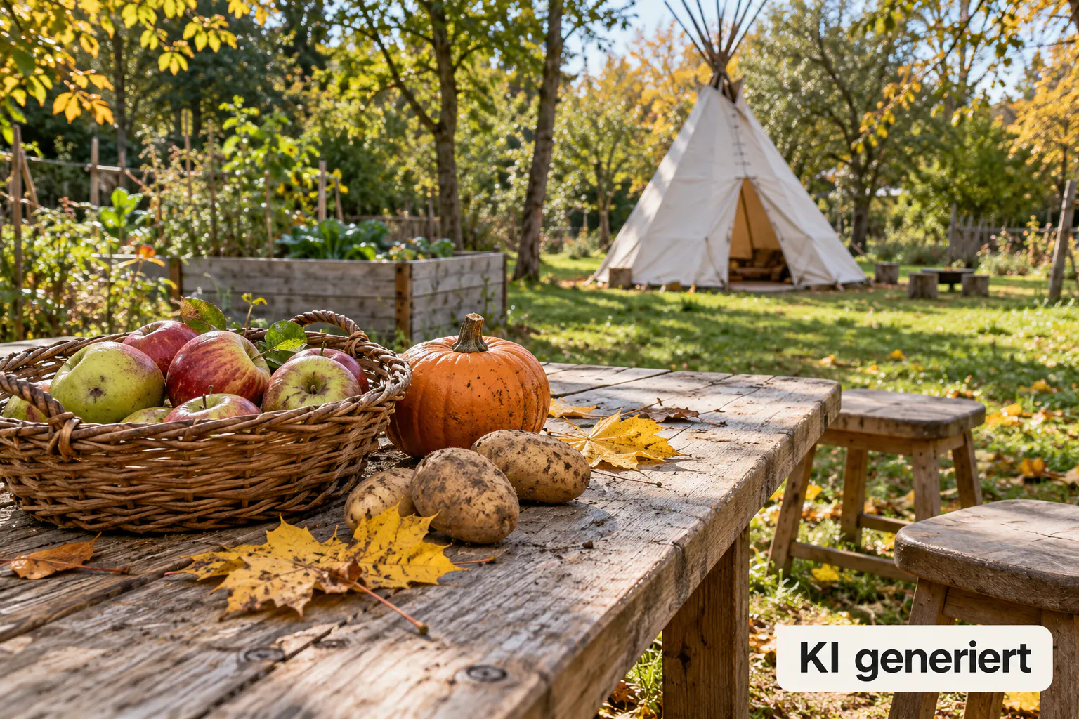 KI-generiertes Symbolbild: Erntekorb auf einem Holztisch vor einem Tipi im Herbst