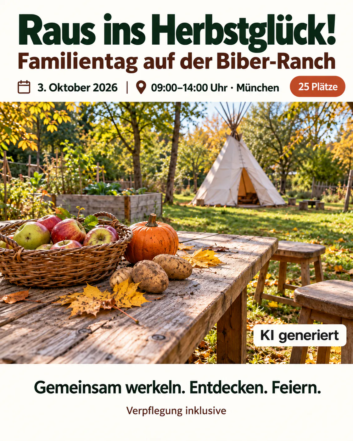 KI-generiertes Plakat mit fotorealistischem Herbstmotiv: Familientag auf der Biber-Ranch am 3. Oktober 2026, 09:00–14:00 Uhr in München