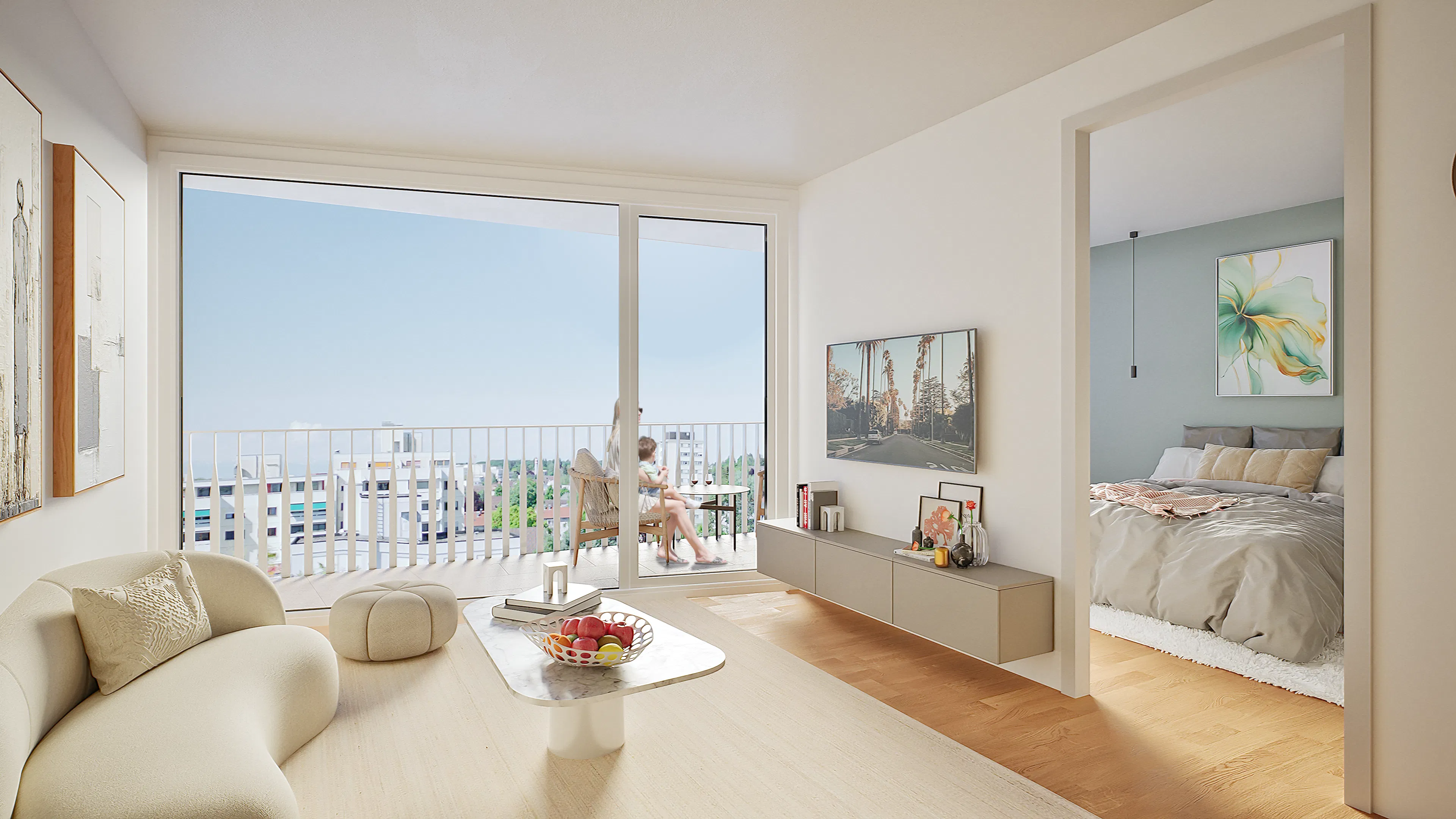 Bright living room with curved cream sofa, marble coffee table with fruit bowl, wall-mounted cabinet with books and decor, sliding glass door to balcony, and adjacent bedroom with bed and artwork.