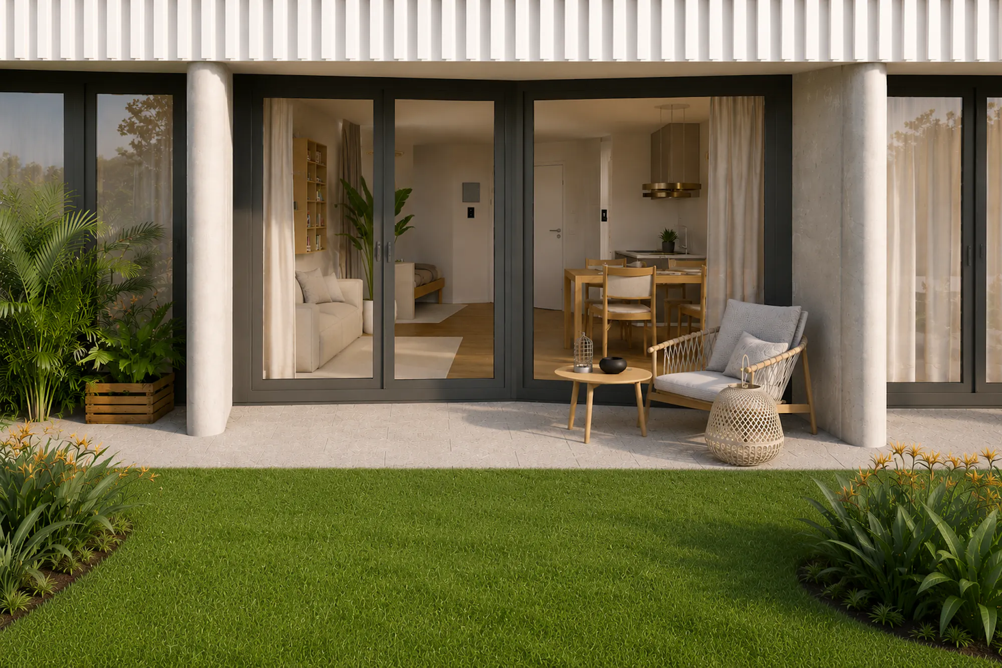 Terrasse mit Rasenfläche vor einer Gartengeschoss-Wohnung, Am Briel 53