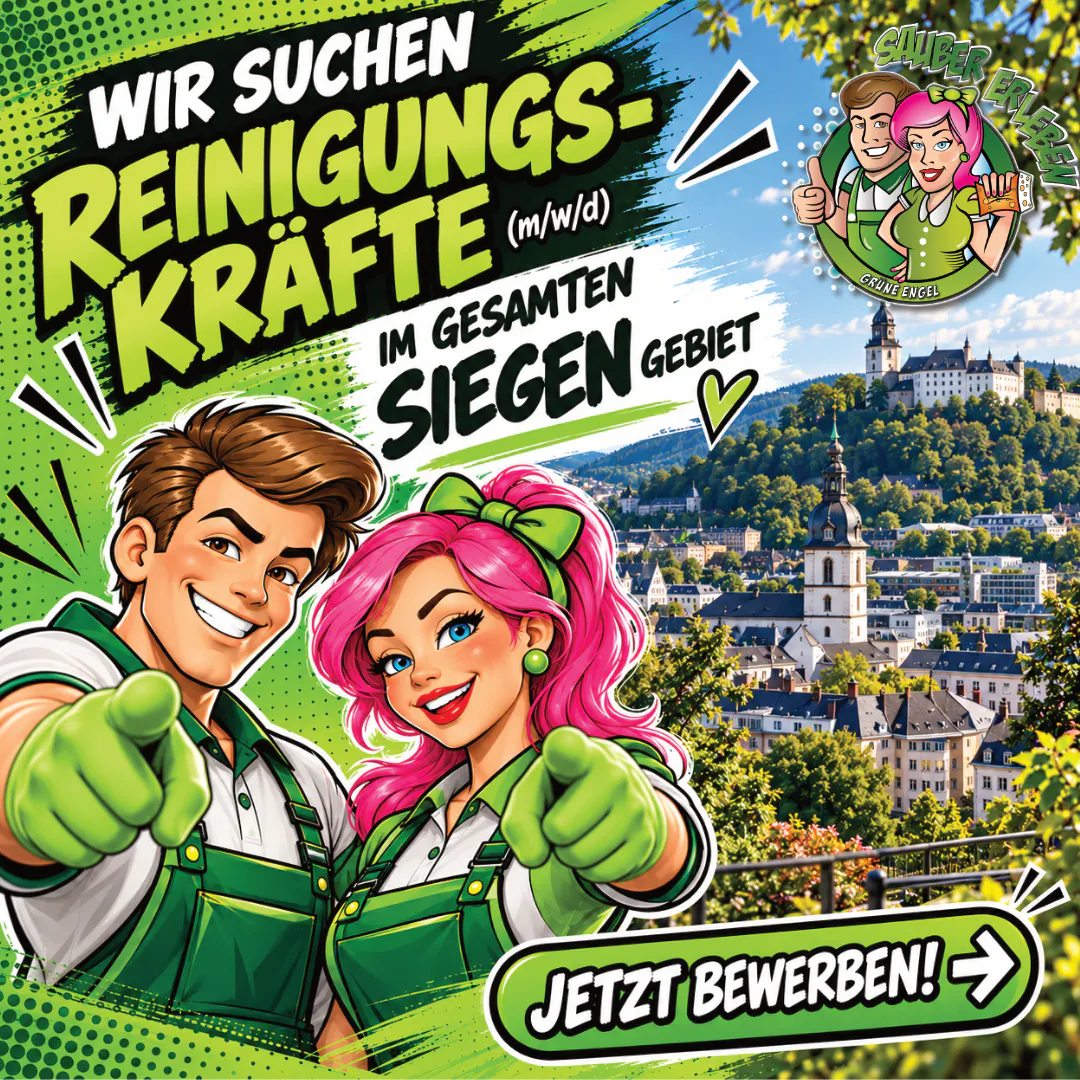 Two cartoon cleaning staff in green uniforms pointing forward with a cityscape and castle in the background, German text seeking cleaning staff for Siegen area.