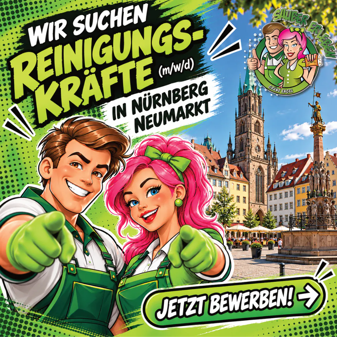 Two cartoon characters in green uniforms pointing forward with text seeking cleaning staff in Nürnberg and Neumarkt, with a city square and church in the background.