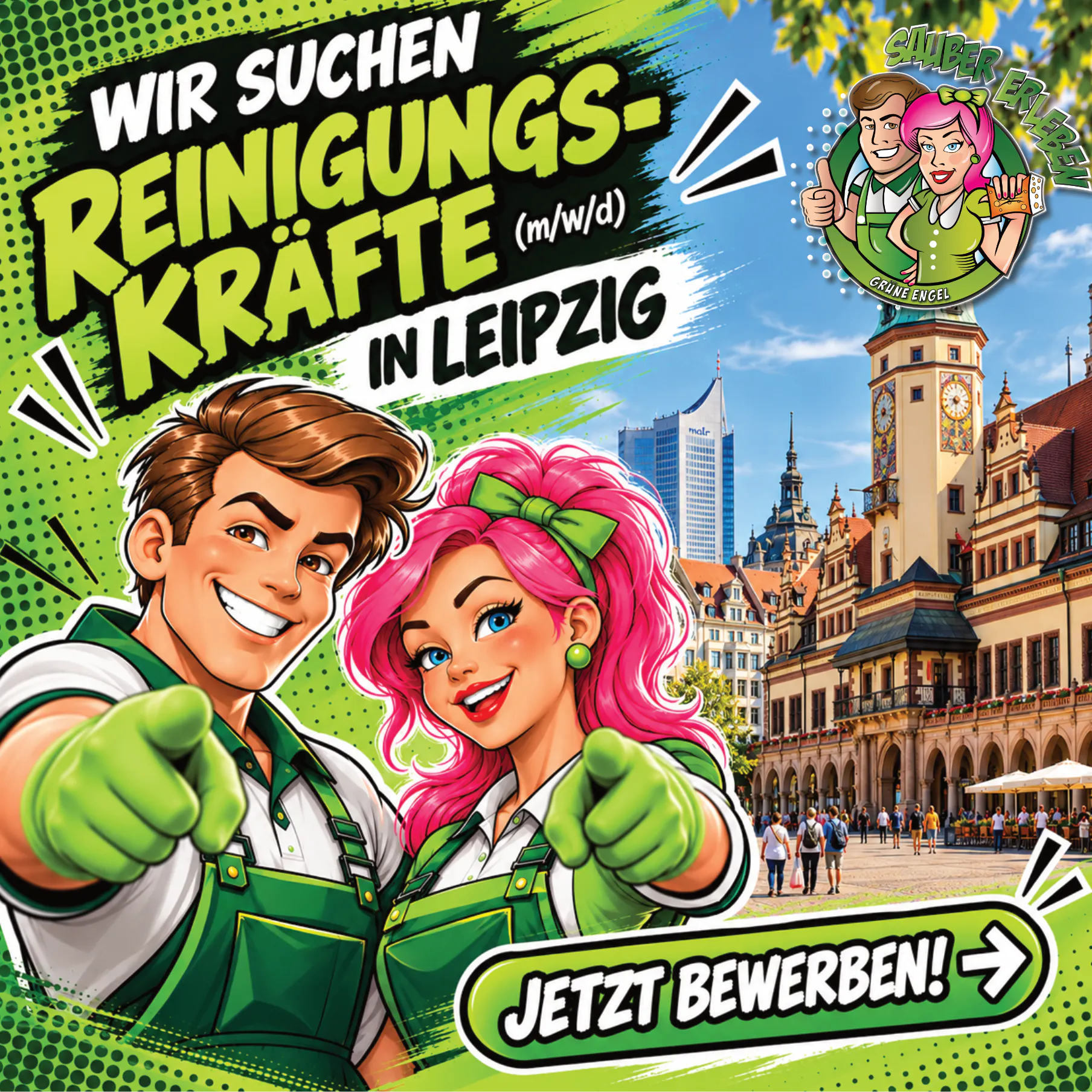 Cartoon man and woman in green cleaning uniforms pointing forward with text seeking cleaning staff in Leipzig and a city square with historic buildings in the background.