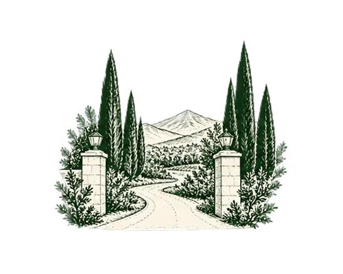Winding driveway lined with tall evergreen trees and stone pillars with lanterns, leading toward distant mountains.