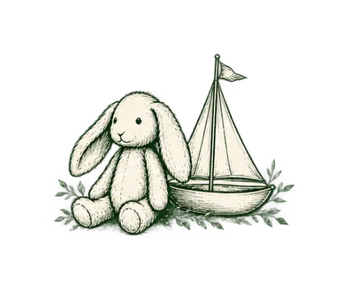 Stuffed bunny toy sitting next to a small sailboat model on a grassy surface.