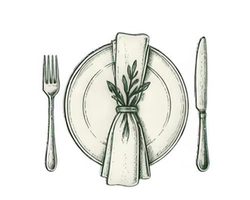 Plate with a folded napkin tied with a sprig of rosemary, fork on the left, and knife on the right.