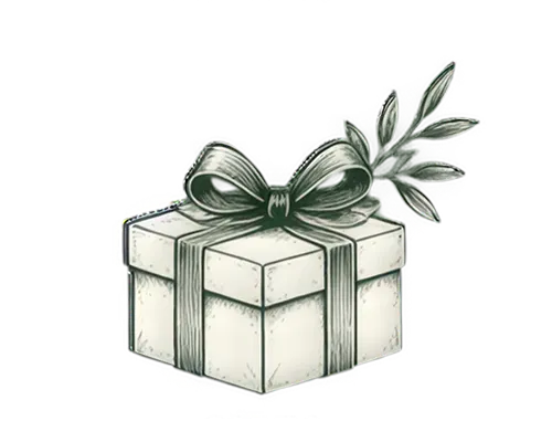 Square gift box wrapped with ribbon tied in a bow on top and a sprig of leaves attached under the bow.