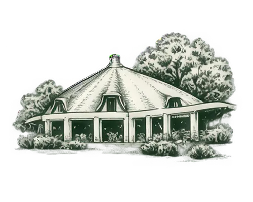 Round building with a conical roof, large windows, surrounded by trees and bushes.