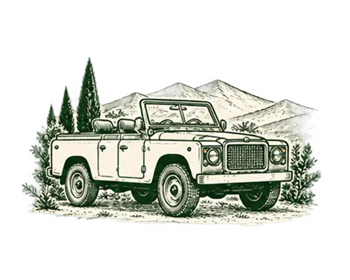 Vintage open-top off-road vehicle parked outdoors with trees and mountains in the background.