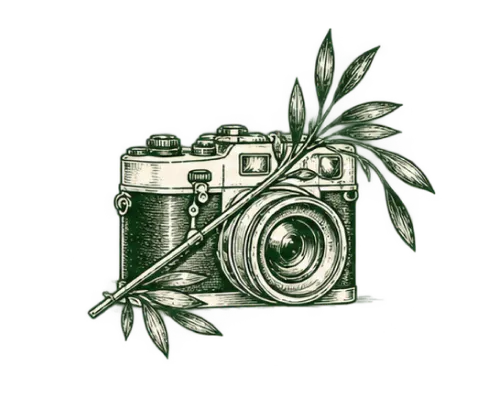 Vintage camera with a branch of leaves laid diagonally across it.