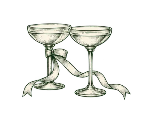 Two vintage-style coupe glasses side by side, connected by a flowing ribbon tied around one stem.