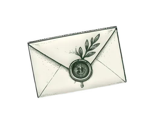 Sealed envelope with a wax seal displaying an olive branch design.