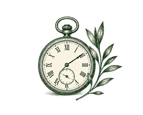 Pocket watch with Roman numerals showing the time 1:08, accompanied by a sprig of leaves on the right side.