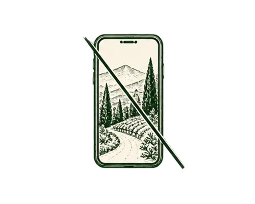 Smartphone displaying a landscape drawing of a mountain, trees, and a winding path, with a diagonal line crossing over the phone.