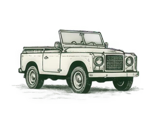 Classic convertible off-road vehicle with large front grille and round headlights, shown from a front-side angle.